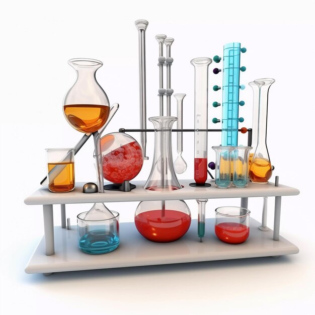 Laboratory bench with colorful chemical bulbs and tubes