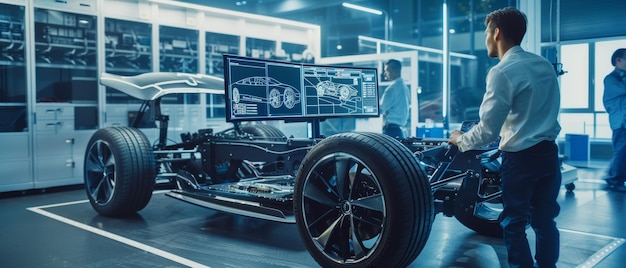 In a laboratory built of hightech equipment a professional engineer stands in front of a computer screen using a 3D CAD program to test an electric car chassis prototype with wheels batteries and