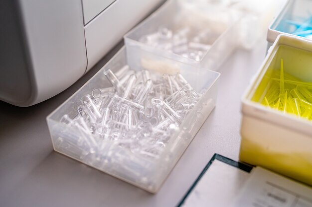 Laboratory concept with glass tubes. blood and urine testing