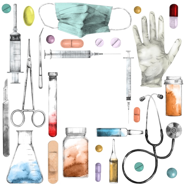 Photo laboratory concept with medical equipment and pills