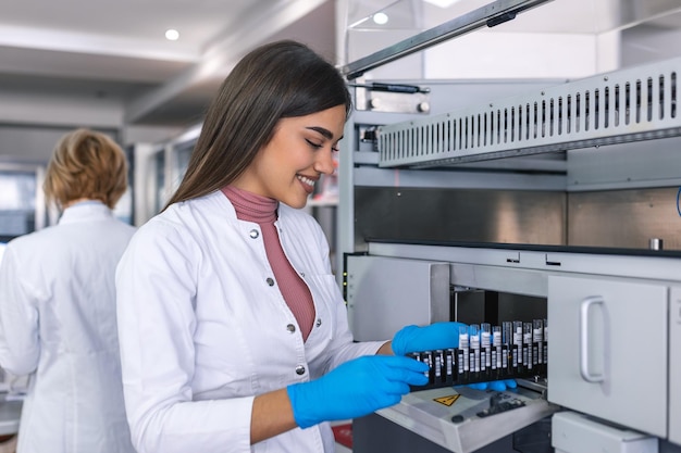 In Laboratory Female Scientist Inspects Medical Equipment Analyzing Test Tube with Blood Samples Team of Researcher Work in Pharmaceutical Laboratory