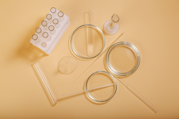 Laboratory glassware for bio science, organic skin care
products, cosmetic research. clean empty petri dishes test tubes,
spatula on beige nude background. top view cosmetic research
circles.