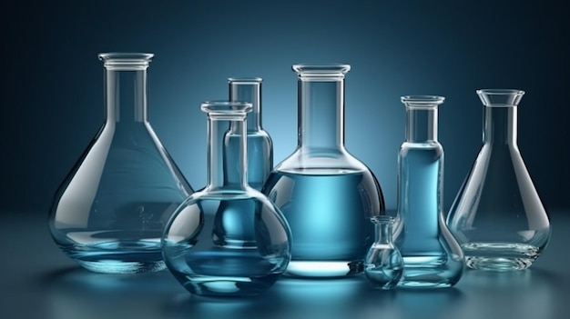 Laboratory glassware on blue background science and chemistry conceptgenerative ai