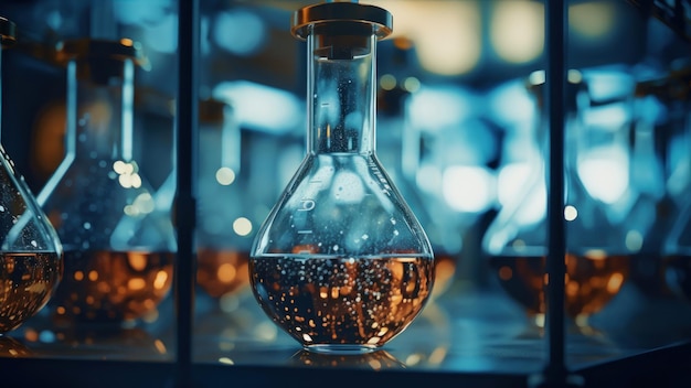 Лабораторная стеклянная посуда, содержащая химическую жидкость