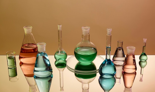 Laboratory glassware containing colored substances high angle