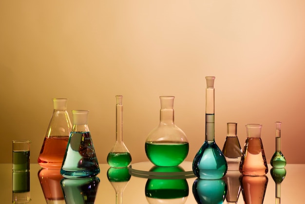 Photo laboratory glassware containing colored substances