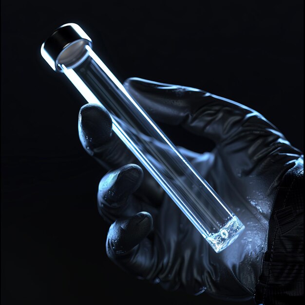 Photo laboratory glassware in scientist hand on dark background research and development concept