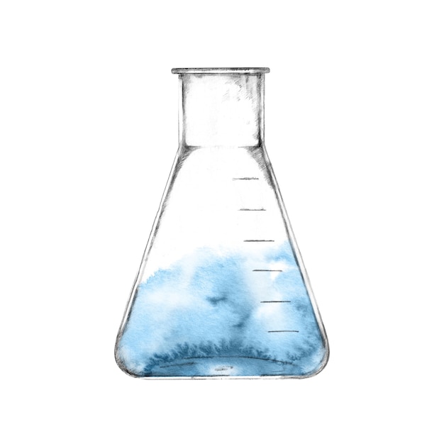 Photo laboratory glassware with blue liquid isolated