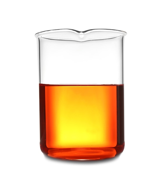 Foto vetreria da laboratorio con campione di colore su sfondo bianco soluzione chimica