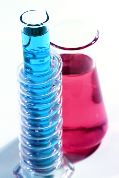 Laboratory glassware with colorful chemicals