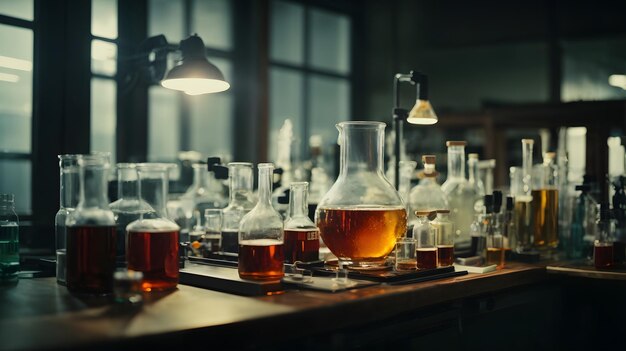 実験室でカラフルな液体が入った実験用ガラス器具 科学研究開発
