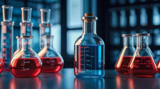 Laboratory glassware with colorful liquid science research and development concept