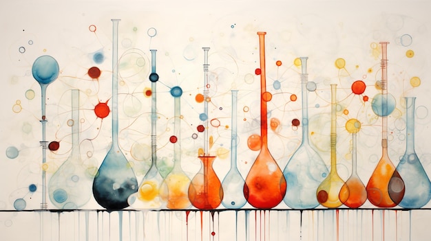 Laboratory glassware with colorful liquids and molecules Science background