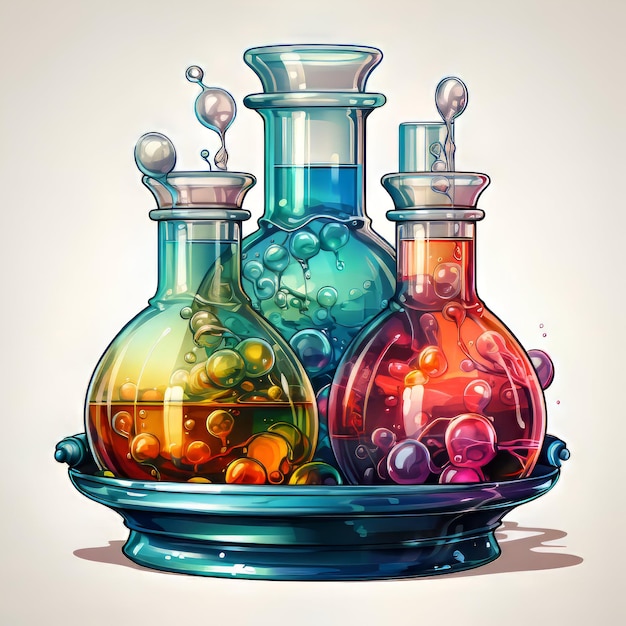 Laboratory glassware with colorful liquids Vector illustration in cartoon style