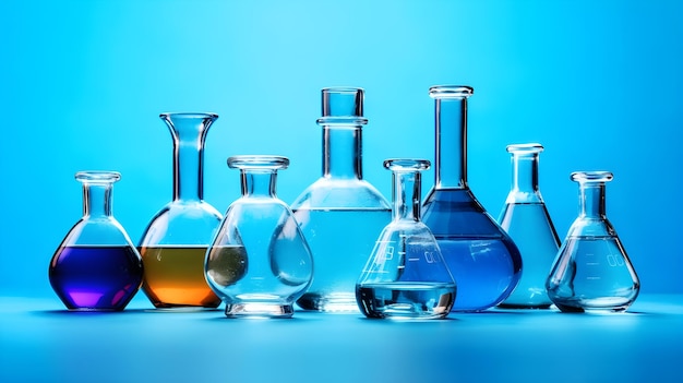 laboratory glassware with liquid on blue background