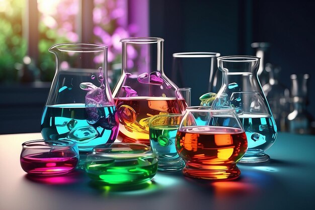 Laboratory glassware with liquids of different colors with reflections on table with clipping path