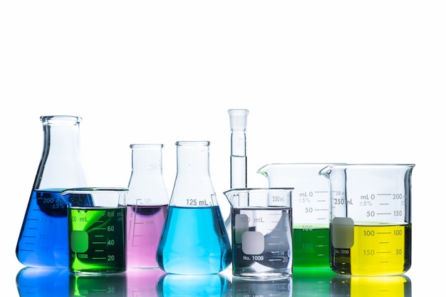 Laboratory glassware with liquids of different colors