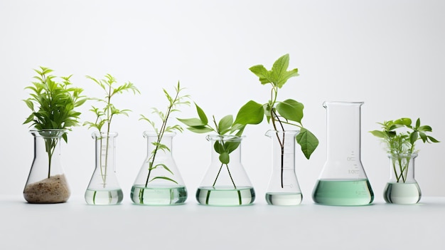 Laboratory glassware with plants on white background