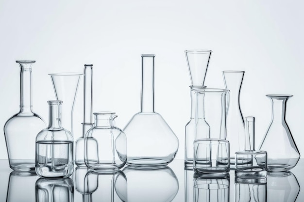 Laboratory glassware with reflections on white background