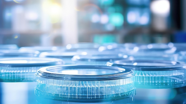 Laboratory petri dishes are placed on table