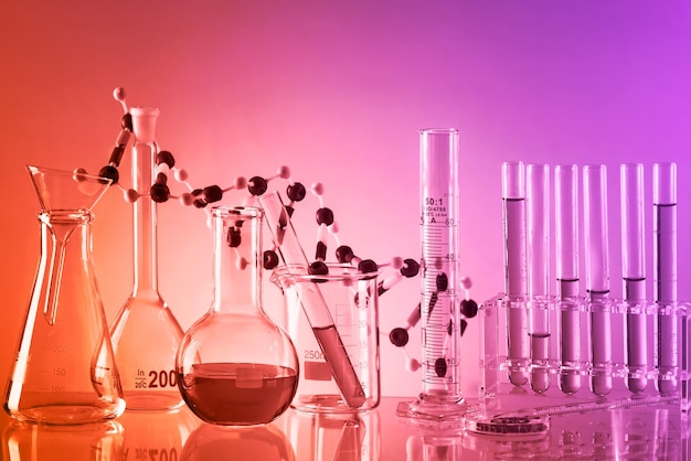 Laboratory research concept scientific laboratory glassware\
with colourful liquid