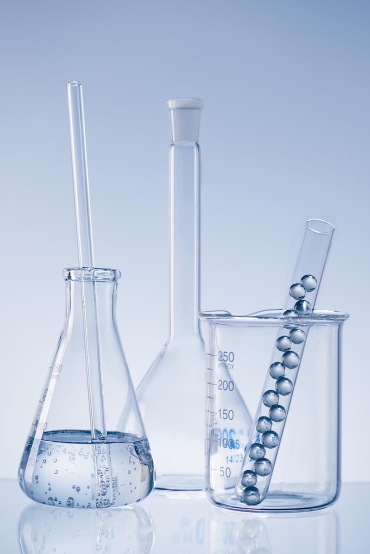Photo laboratory research concept scientific laboratory glassware with liquid