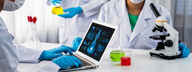 Laboratory research team advance healthcare with scientific expertise laboratory equipment and innovative medical biotechnology software researching new medicines and developing curePanorama Rigid