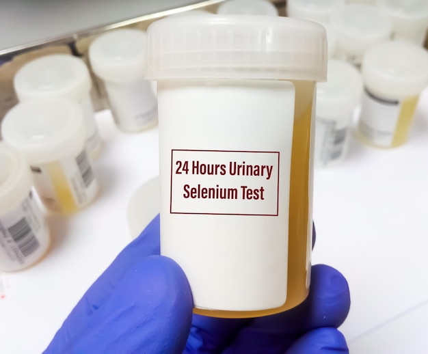 Photo laboratory scientist hand hold urine container with sample for 24 hours urinary selenium test