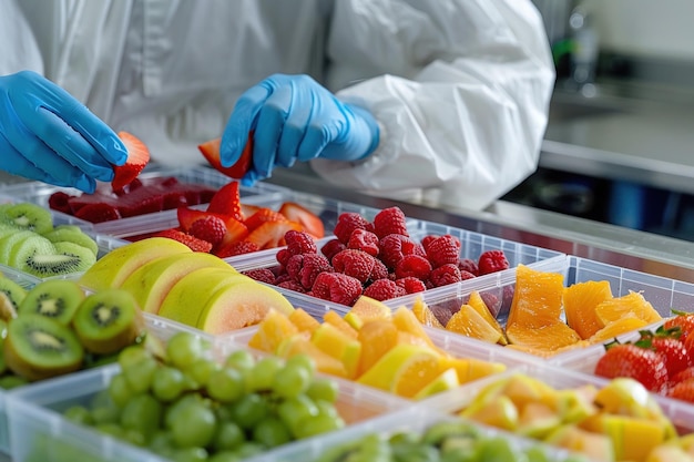 Un tecnico di laboratorio con i guanti che prepara campioni di frutta colorati in un centro di ricerca clinica