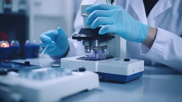 A laboratory technician makes microscopic bacteriological examination with the reagents Work in microlaboratories