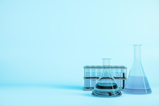 Laboratory test tubes on blue background