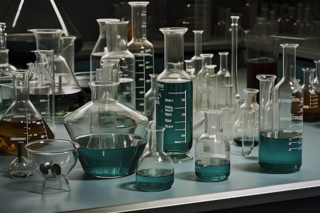 Laboratory with beakers and flasks in various sizes being used for experiments