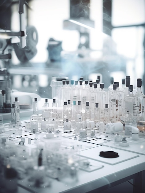 A laboratory with a lot of bottles and a glass table with a lot of bottles and a lab equipment in the background.