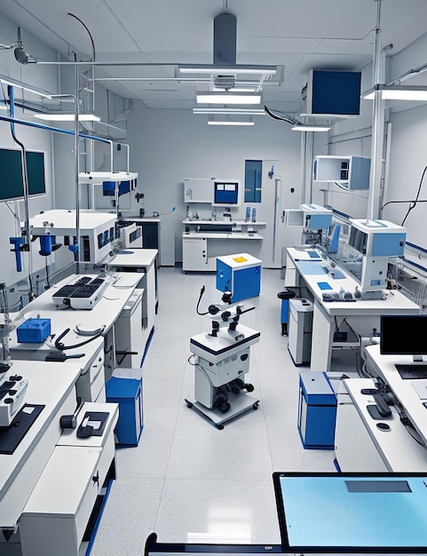Лаборатория с микроскопами и оборудованием для изучения вирусов и микроорганизмов