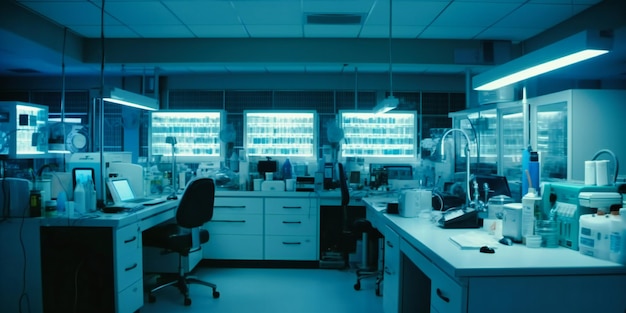 A laboratory with various machines and equipment on the countertop