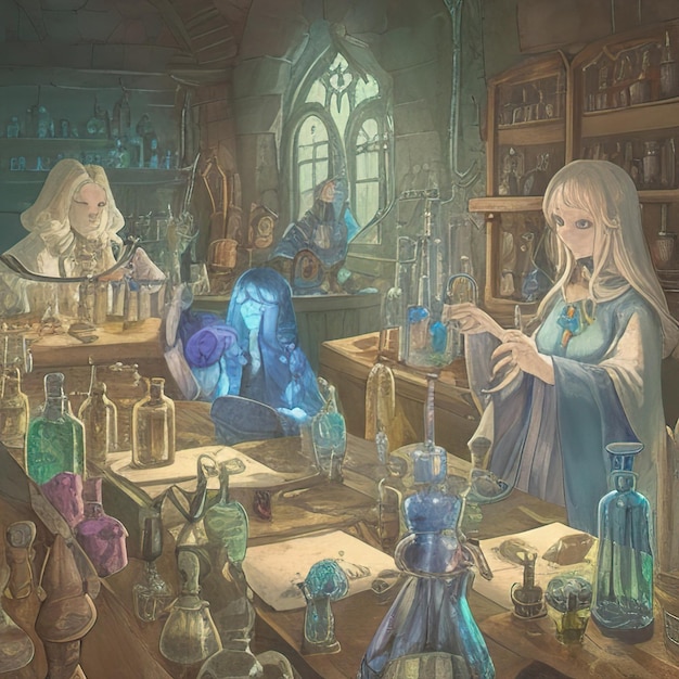 Laboratory of a wizard with witch girls and potion bottles and magical ingredients