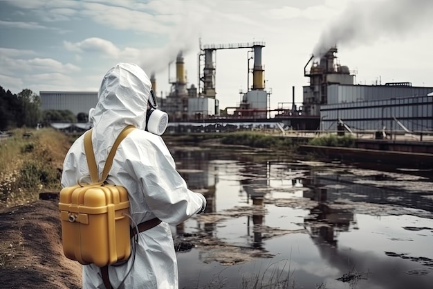 Photo a laboratory worker checks the level of pollution in water and soil near a chemical plant pollution control to improve the operation of wastewater treatment plants in modern factories and enterprises