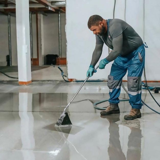 The laborer covers the new floor with gray epoxy glue