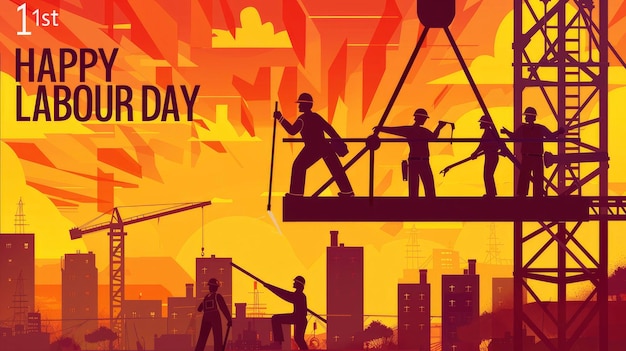 Laborer silhouettes against the cities with the text 1st May HAPPY LABOUR DAY