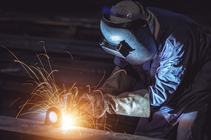 Photo laborer welding steel structure at the factory