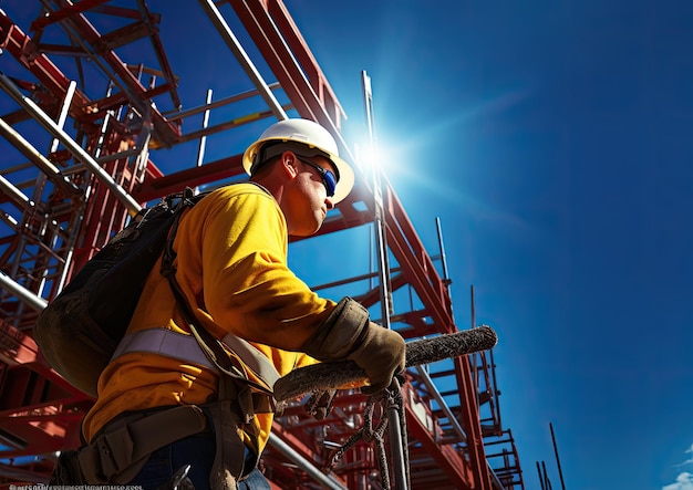 A laborer working in a construction site captured from a low angle to emphasize the towering