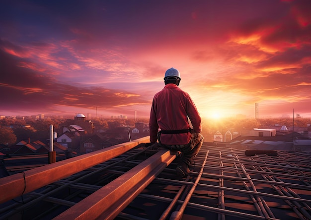 A laborer working on a rooftop under a colorful sunset sky captured from a wideangle perspective