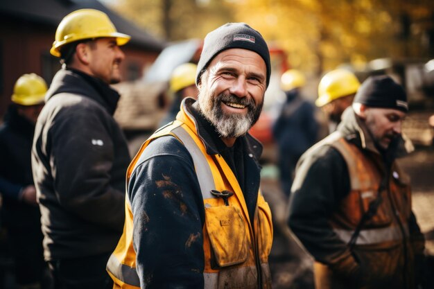 laborers working in construction site smiling in uniforms