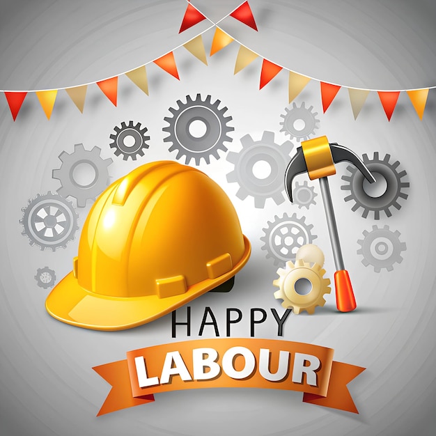 Labour Day Celebration Vector Yellow Hard Hat Tools and Festive Banner Design
