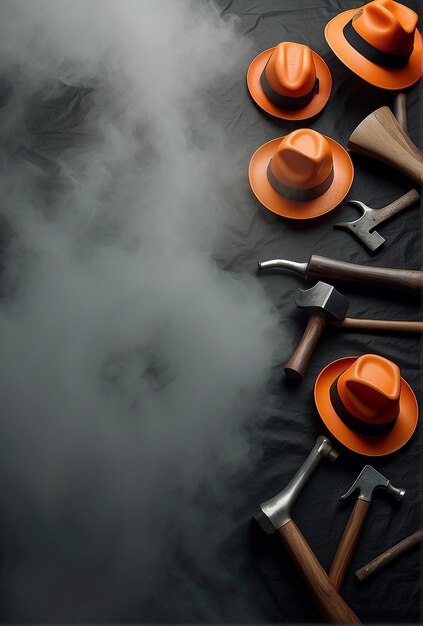 Foto concetto di giornata di lavoro lavoro cappelli arancione e altri strumenti martello lato inferiore dello sfondo img