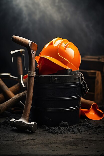 Foto concetto di giornata di lavoro lavoro cappelli arancione e altri strumenti martello lato inferiore dello sfondo img