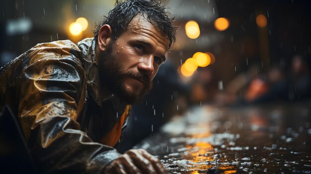 Photo labour work on construction side in havey rain