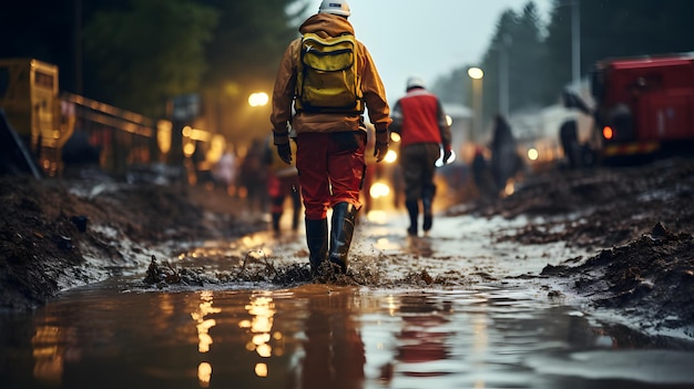 Photo labour work on construction side in havey rain