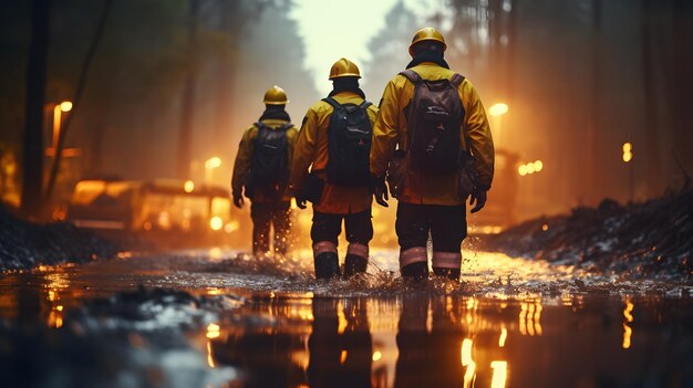 Фото Рабочая сила на строительной стороне в havey rain