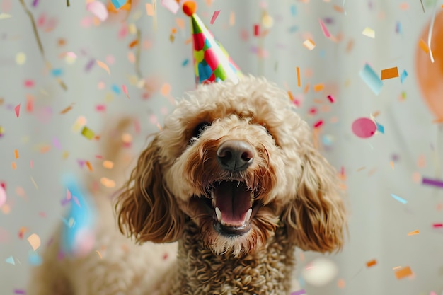 Photo labradoodle dog celebrates birthday with party hat and confetti